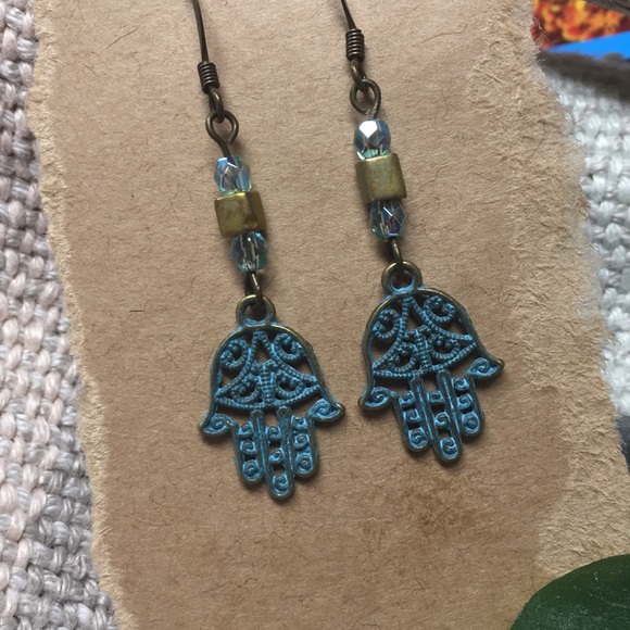 Earrings hasma filigree aqua & gold nickel free - Picture 4 of 5